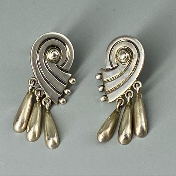 Vintage Taxco Mexico Sterling Silver Spiral Earrings Pre Columbian Design - Picture 1 of 14